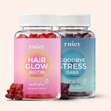2 yuicy® Dosen im Set. Hair Glow Biotin Gummies für Haargesundheit und Goodbye Stress Gummies mit GABA und L-Theanin zur Unterstützung bei Stress.